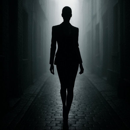 Fashionable woman in black dress walking in dark street at nightの写真素材
