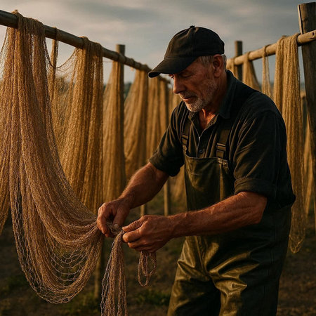 Fisherman with net on a farm. Portrait of an elderly man with a gray beard.