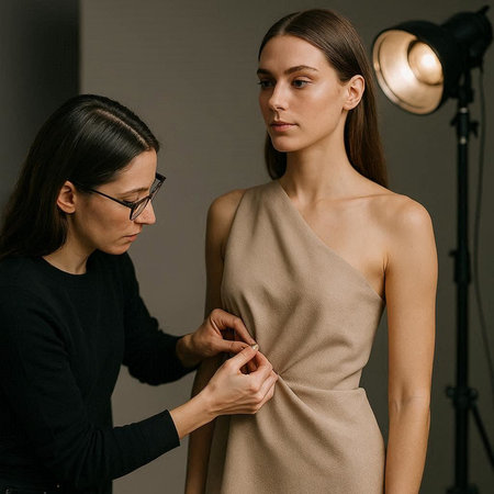 Stylist working with model in studio. Beauty and fashion concept.