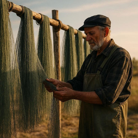 Fisherman checking fishing nets in a field in the countryside.
