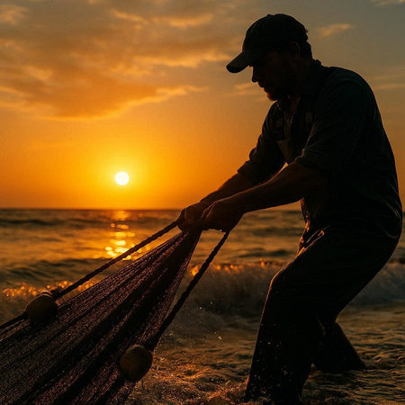 Fisherman with net on the beach at sunset in Thailand.