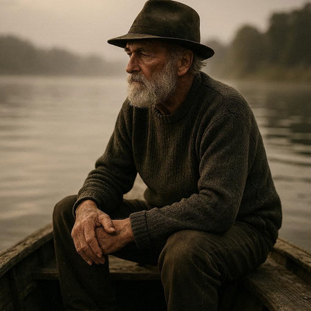 Portrait of an old man sitting on a boat on a lake