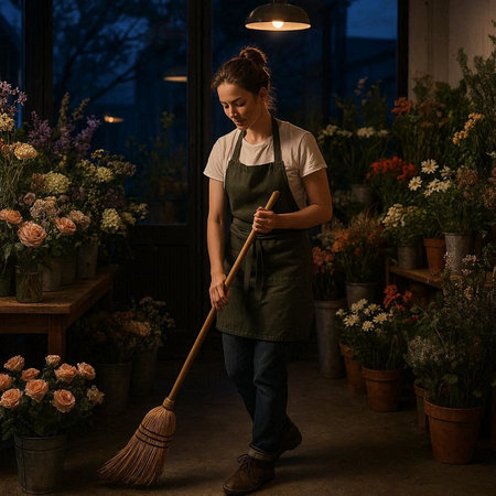 Young female florist with a broom working in a flower shop