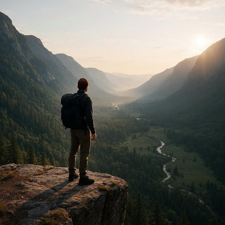 Hike in the mountains. A man with a backpack stands on the edge of a cliff and looks at the valley...