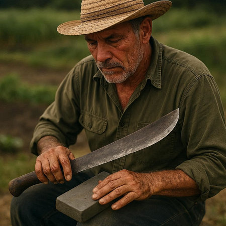Farmer with a large knife in his hand in the field.