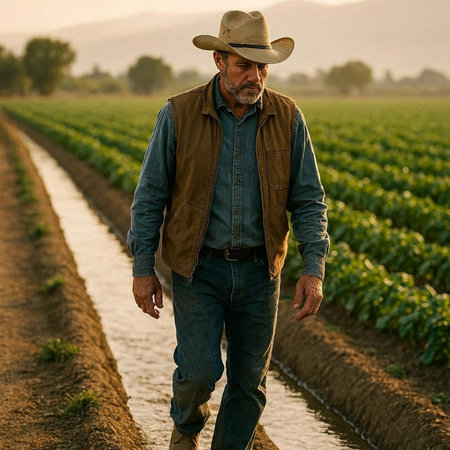 Farmer standing in his field and looking at the camera with a serious expression