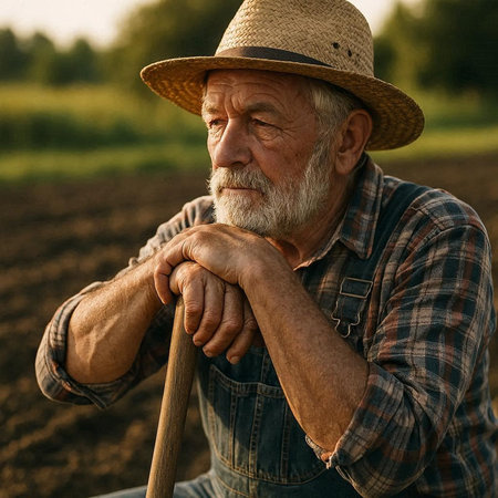 Portrait of senior farmer sitting on the ground and looking away.