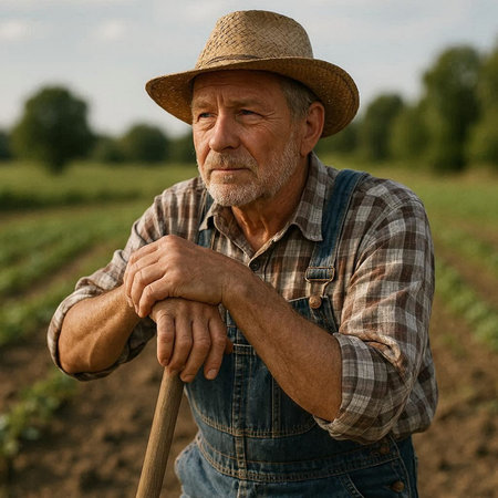 Portrait of a senior farmer standing in his field with a hoeの写真素材
