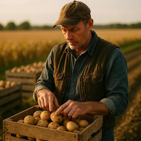 Farmer with freshly harvested potatoes in a wooden box on the field