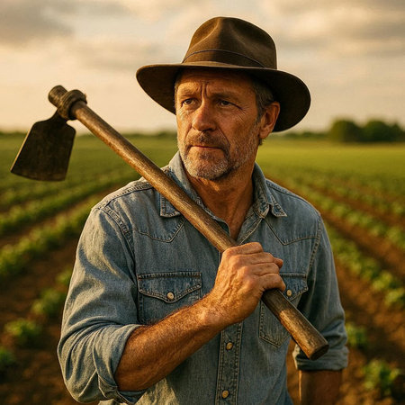 Farmer with a shovel in a field of soybean crops.