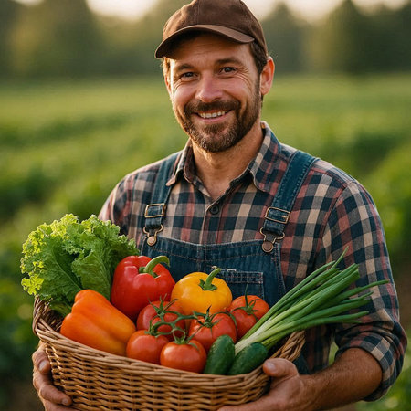 Portrait of a smiling farmer holding a basket full of fresh vegetables