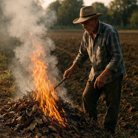 Farmer in straw hat and checkered shirt is burning dry leaves in the field.の写真素材