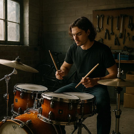 Musician playing drums in a music studio. Man playing drums.