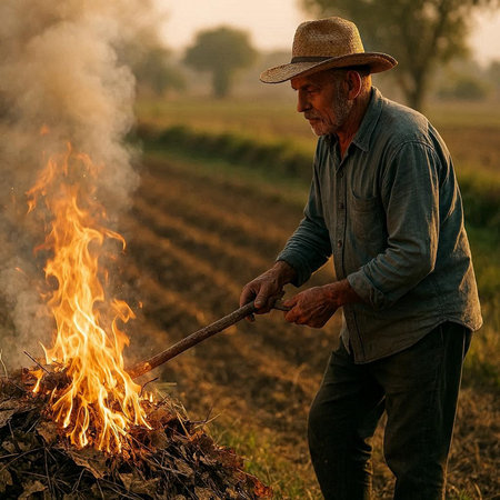Farmer working on the field in the early morning with a bonfire