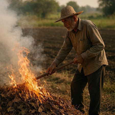 Farmer in the field with a burning bonfire at sunset.の写真素材