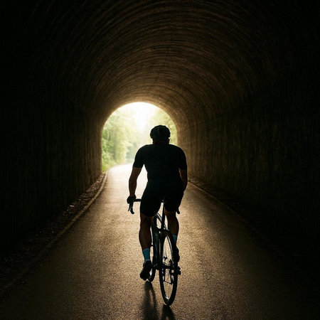 Cyclist riding bicycle in tunnel. Silhouette of cyclist on road.の写真素材