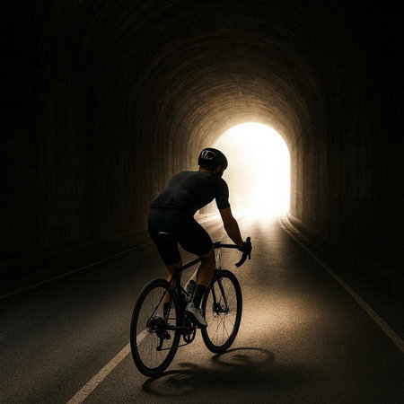 Cyclist in a dark tunnel with light coming from the endの写真素材
