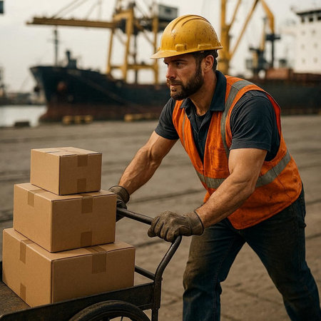 Portrait of delivery man in uniform and hardhat carrying boxes on hand truck