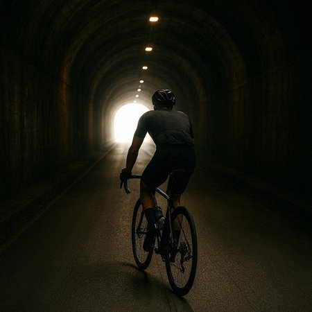 Cyclist riding bicycle in tunnel with light at end of tunnelの写真素材