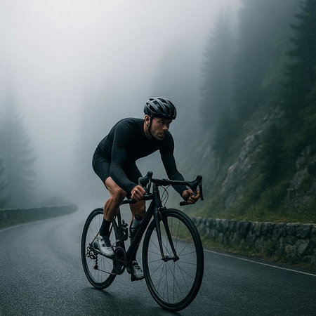 Cyclist Riding the Bike on the Road in the Foggy Mountains