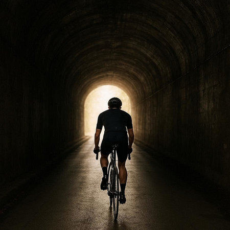 Cyclist in tunnel with light coming from the end of tunnelの写真素材