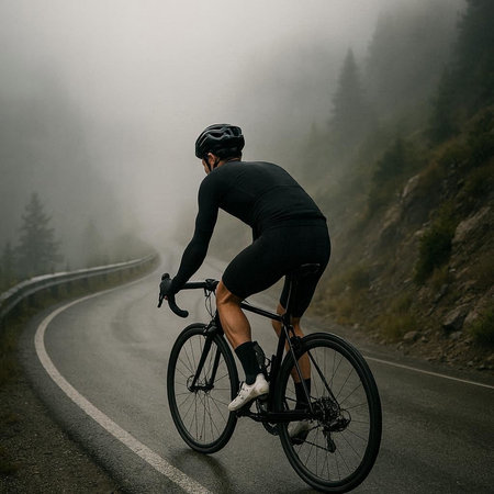 Cyclist Riding the Bike on the Road in the Foggy Mountainsの写真素材