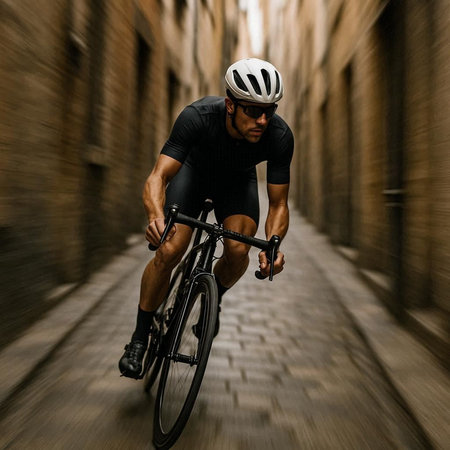 Cyclist Riding a Bike on a Cobblestone Street.