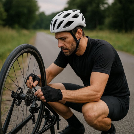Cyclist fixing bicycle wheel on road. Sport and healthy lifestyle.
