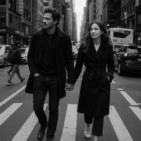 Beautiful couple in the city streets. Black and white photo.
