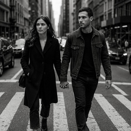 Young couple walking in the city street, black and white photo.