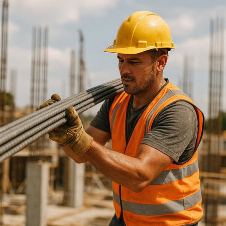 Portrait of a male construction worker on a construction site with safety equipment