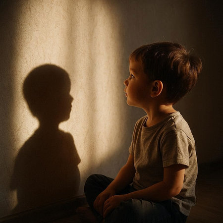 little boy looking at the shadow of his mother in the room.