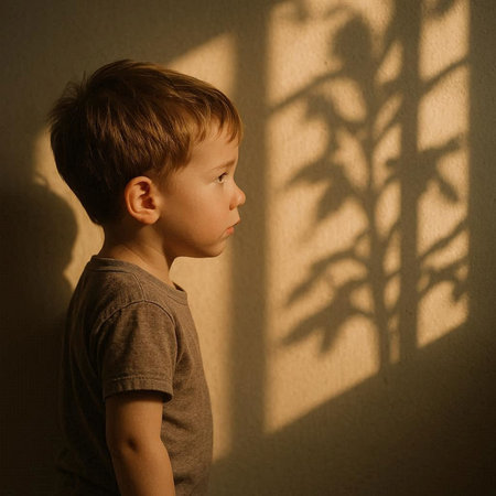 Portrait of a boy in the rays of the sun. Shadow on the wall.