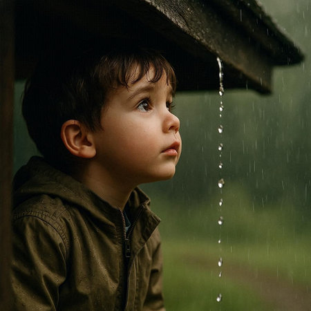 Cute little boy standing in rain and looking at the raindrops