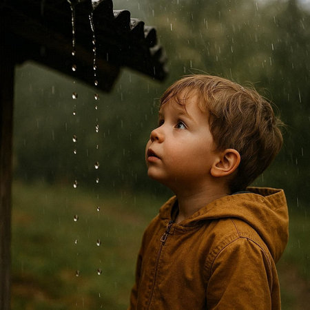 little boy playing in the rain, outdoor portrait, lifestyle people concept