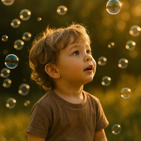 Little boy playing with soap bubbles. Kid having fun outdoors in summer.