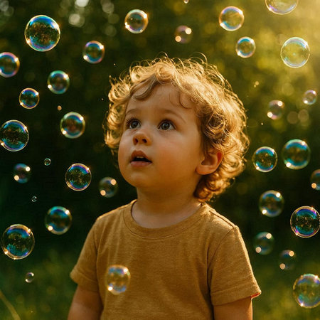 Cute little boy with blond curly hair blowing soap bubbles in the park.