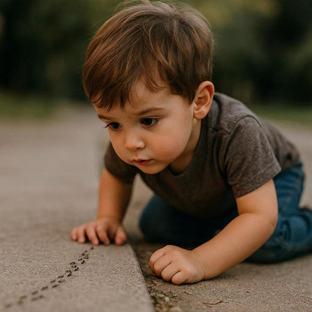Cute little boy crawling on the ground in the park and looking at the camera