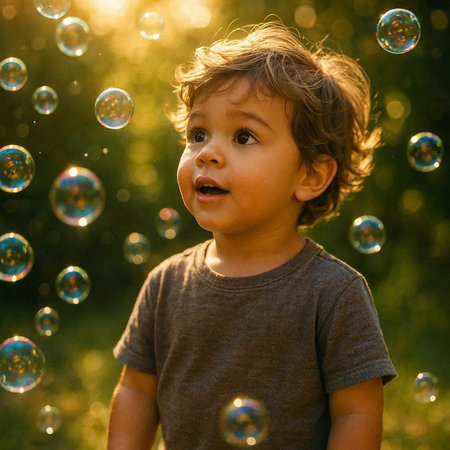 Cute little boy playing with soap bubbles on the nature background.