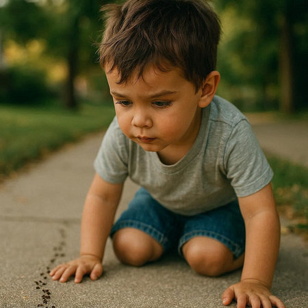 little boy playing with sand in the park on a sunny summer day