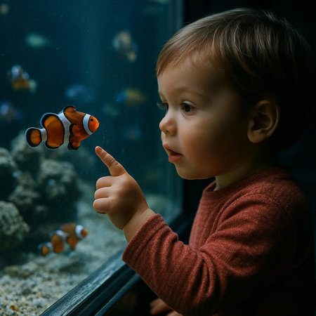Cute little boy with anemone fish in the aquarium.