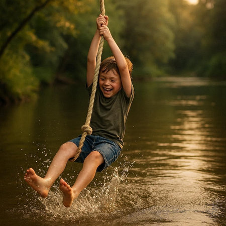 Little boy having fun on a swing in the river at sunset.の写真素材