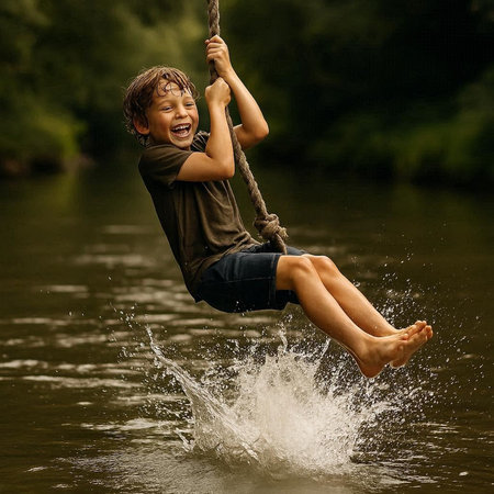 Boy swinging on a swing in the river, happy childhood concept.の写真素材