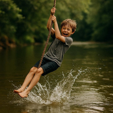 Boy swinging on a rope in the river. Happy childhood concept.