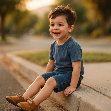 Portrait of a smiling little boy sitting on the steps at sunset