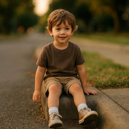 Portrait of a cute little boy sitting on the road and smiling
