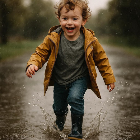 Happy child playing in the rain. Cute boy having fun outdoors.