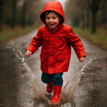 Cute little boy in red raincoat and rubber boots jumping in puddle.