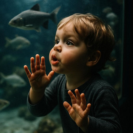 Cute little boy looking at fish in aquarium. Childhood concept.