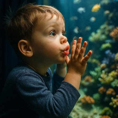 Cute baby boy looking at fish in aquarium. Portrait of adorable child.